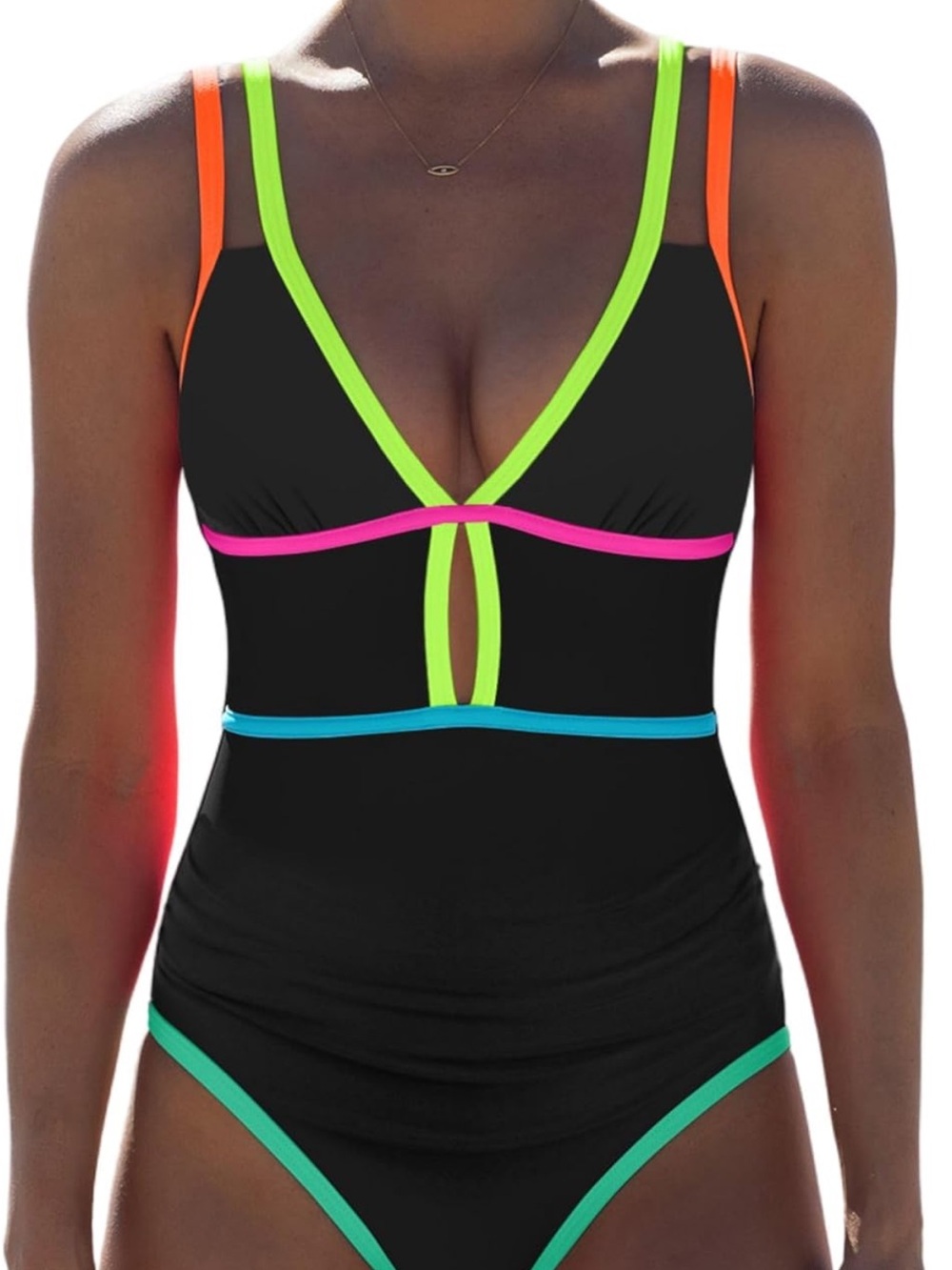 Popvil Black One-Piece Swimsuit with Neon Trim - Women Swim